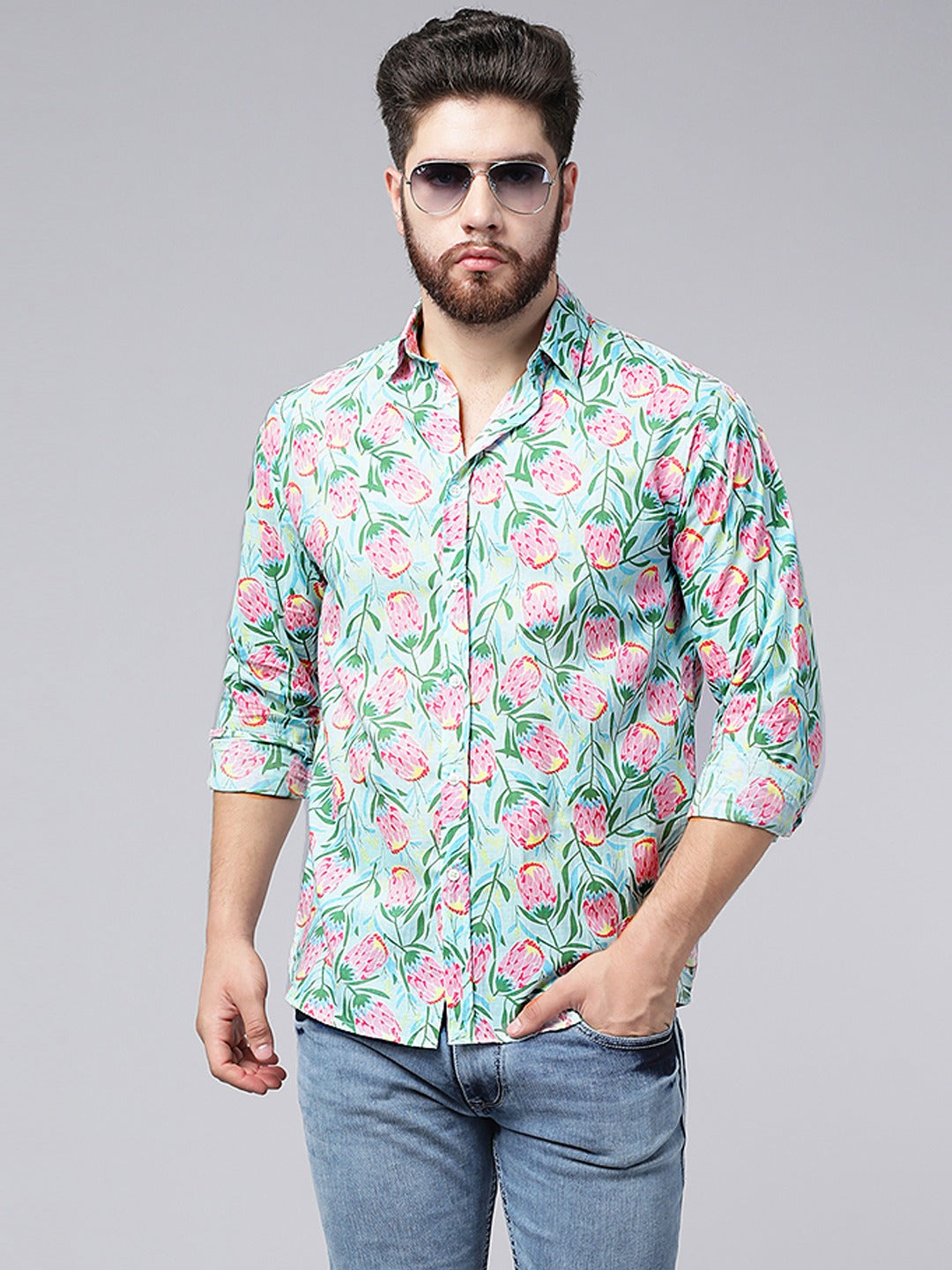 SAGE CART #8882 Blue-Pink Floral Shirt for Men