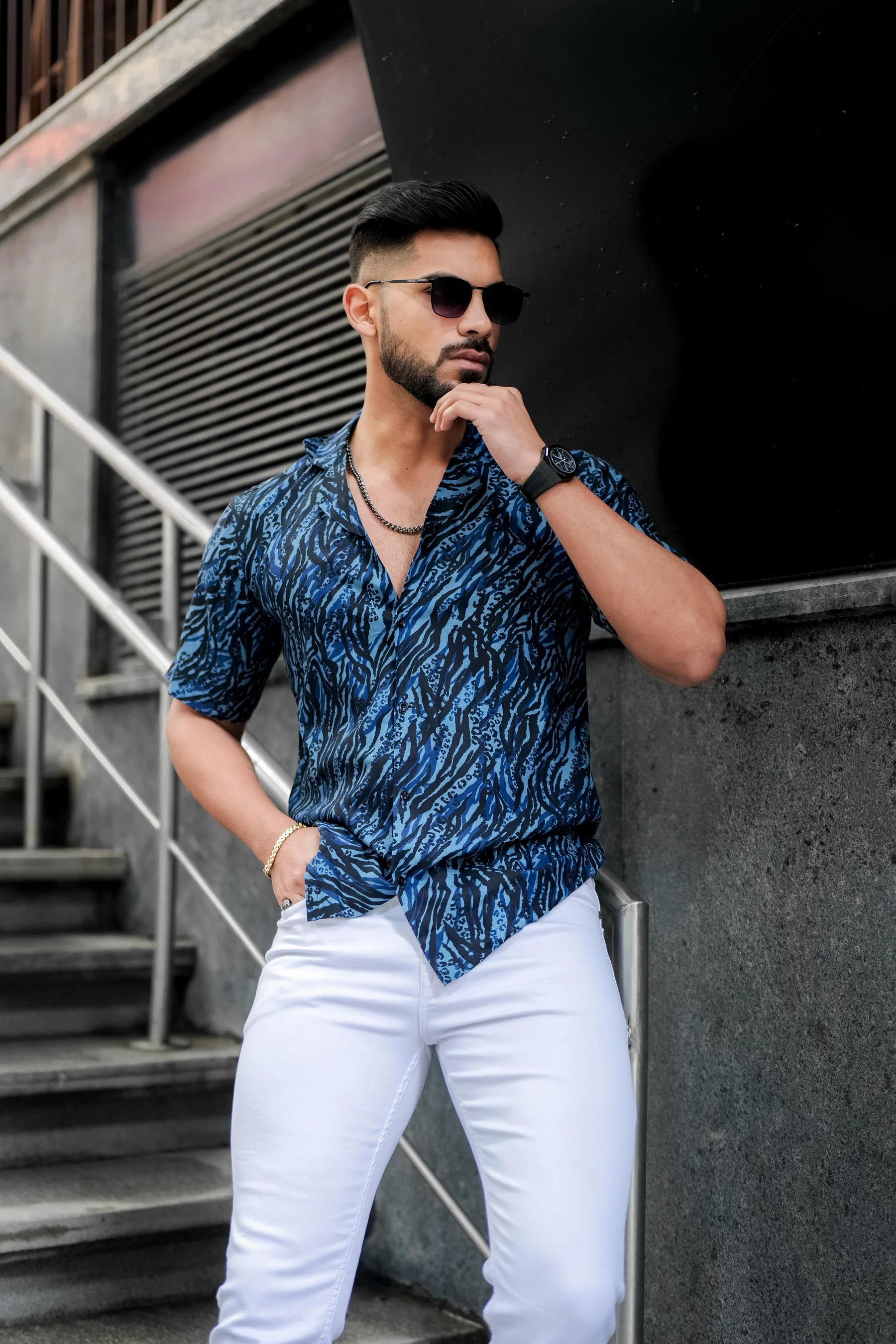SAGE CART# 88812 Navy Blue Abstract Print Super Soft Premium Cuban Collar Half Sleeve Shirt