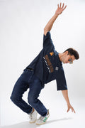 SAGE CART# 88813 Navy Cotton Graphic Printed Oversized T-shirt